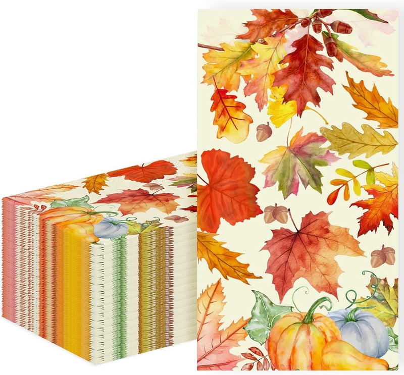 Tbsone 50-PK Fall Thanksgiving Paper Napkins: Disposable 3-Ply Guest Hand Towels with Pumpkin & Maple Leaf Design, Autumn Table Decor for Dinner, Luncheon, Bathroom, and Harvest Party - Image 1